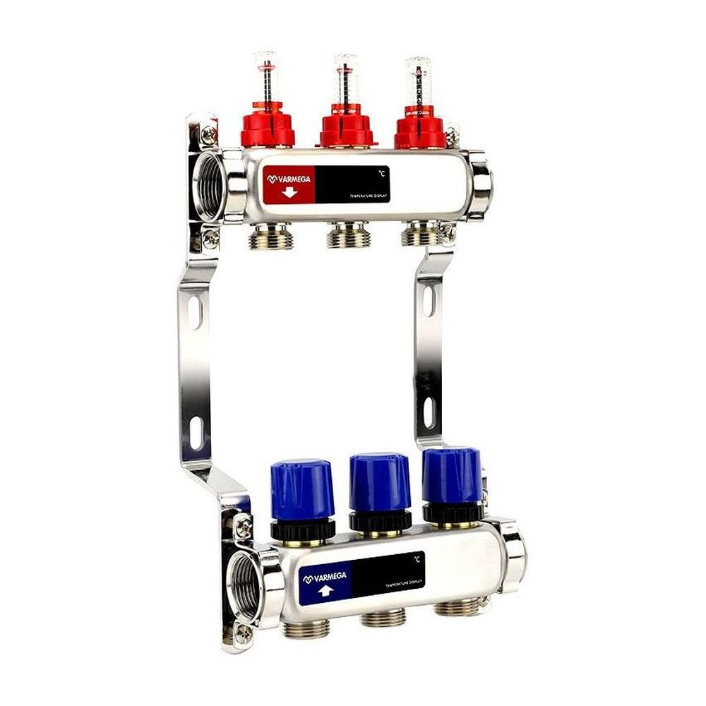 Группа коллекторная с расх. VARMEGA VM15103 ВР 1″, под 130 насос, на 3 конт. 3/4″ EK, нерж. сталь