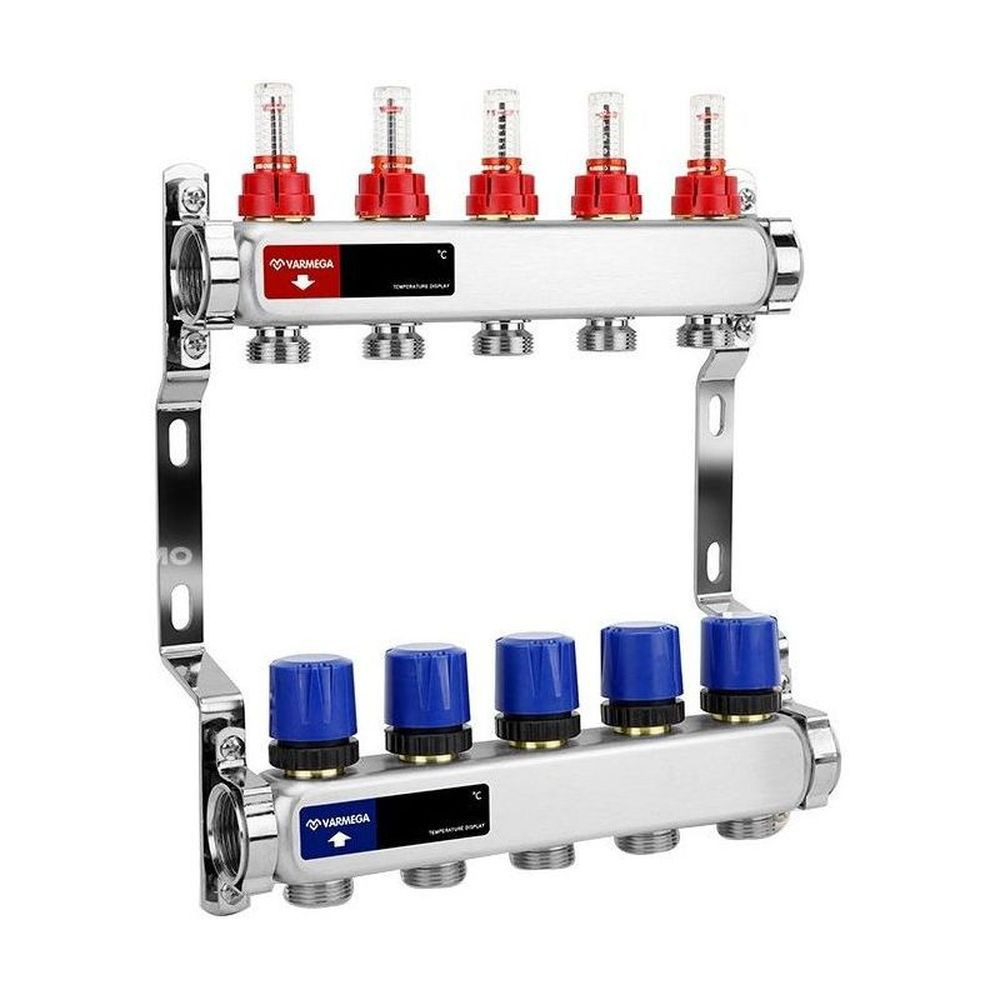 Группа коллекторная с расх. VARMEGA VM15105 ВР 1″, под 130 насос, на 5 конт. 3/4″ EK, нерж. сталь