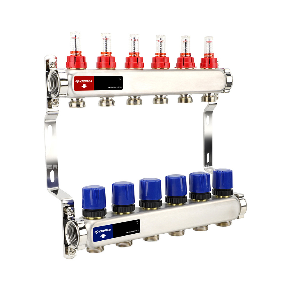 Группа коллекторная с расх. VARMEGA VM15106 ВР 1″, под 130 насос, на 6 конт. 3/4″ EK, нерж. сталь
