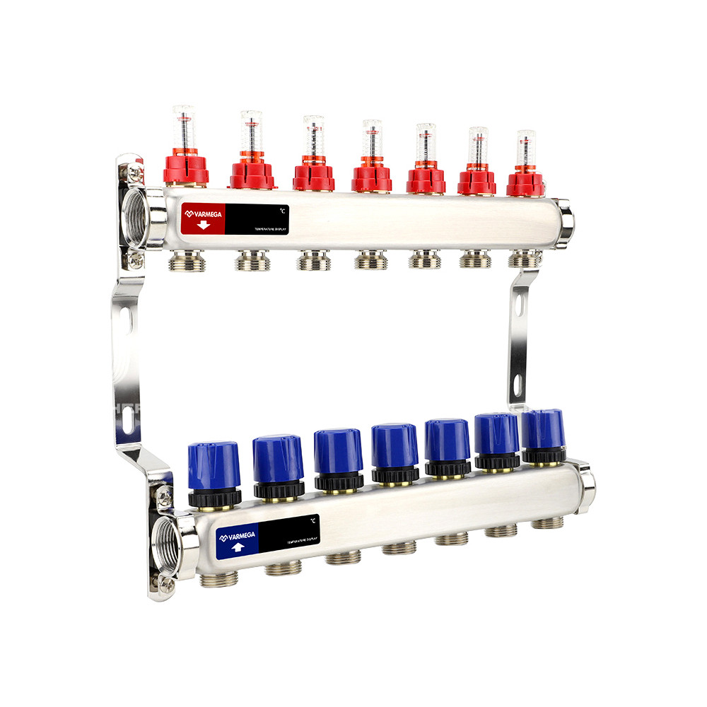 Группа коллекторная с расх. VARMEGA VM15107 ВР 1″, под 130 насос, на 7 конт. 3/4″ EK, нерж. сталь