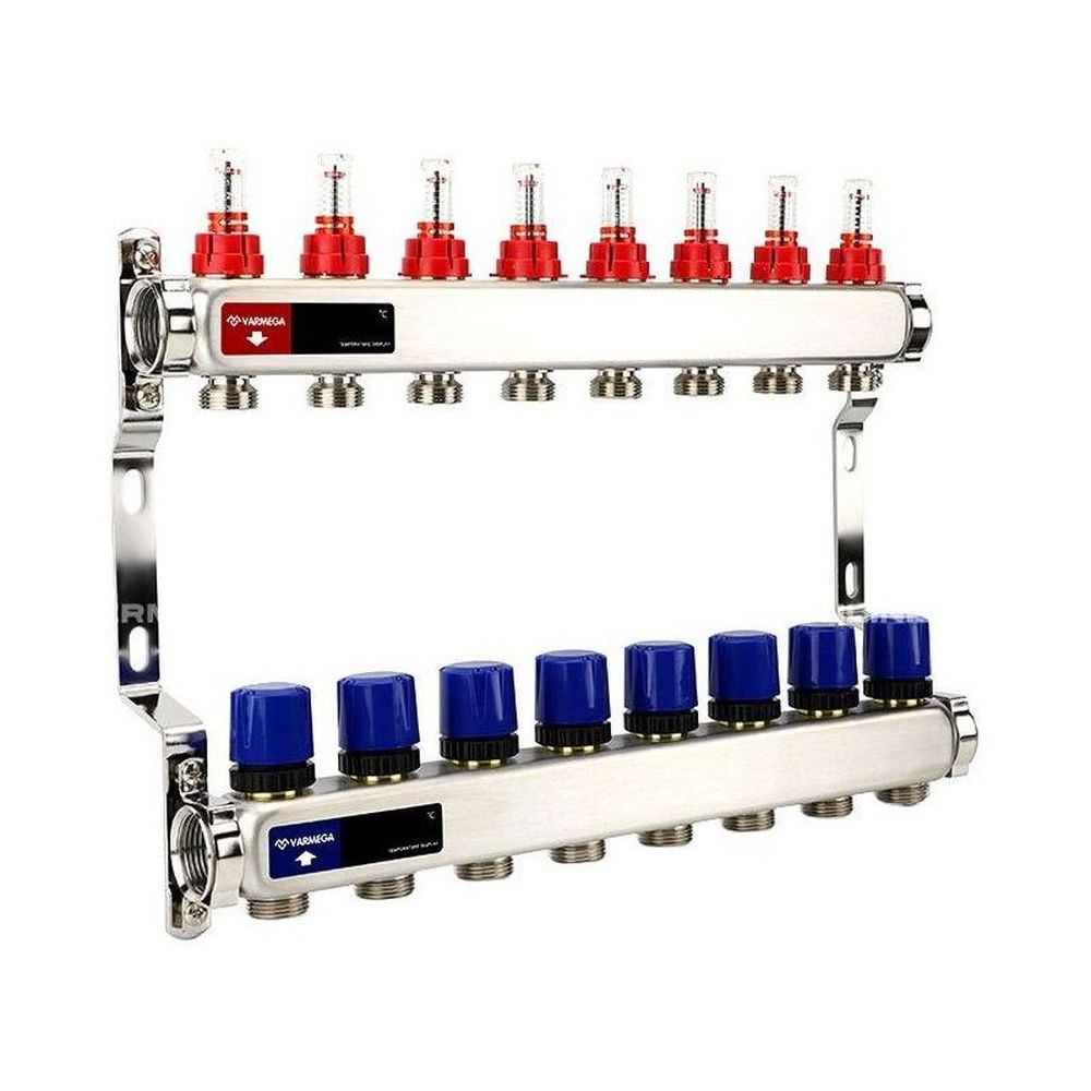 Группа коллекторная с расх. VARMEGA VM15108 ВР 1″, под 130 насос, на 8 конт. 3/4″ EK, нерж. сталь