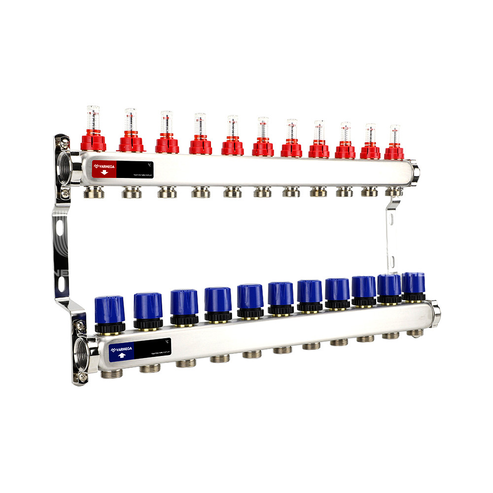 Группа коллекторная с расх. VARMEGA VM15111 ВР 1″, под 130 насос, на 11 конт. 3/4″ EK, нерж. сталь
