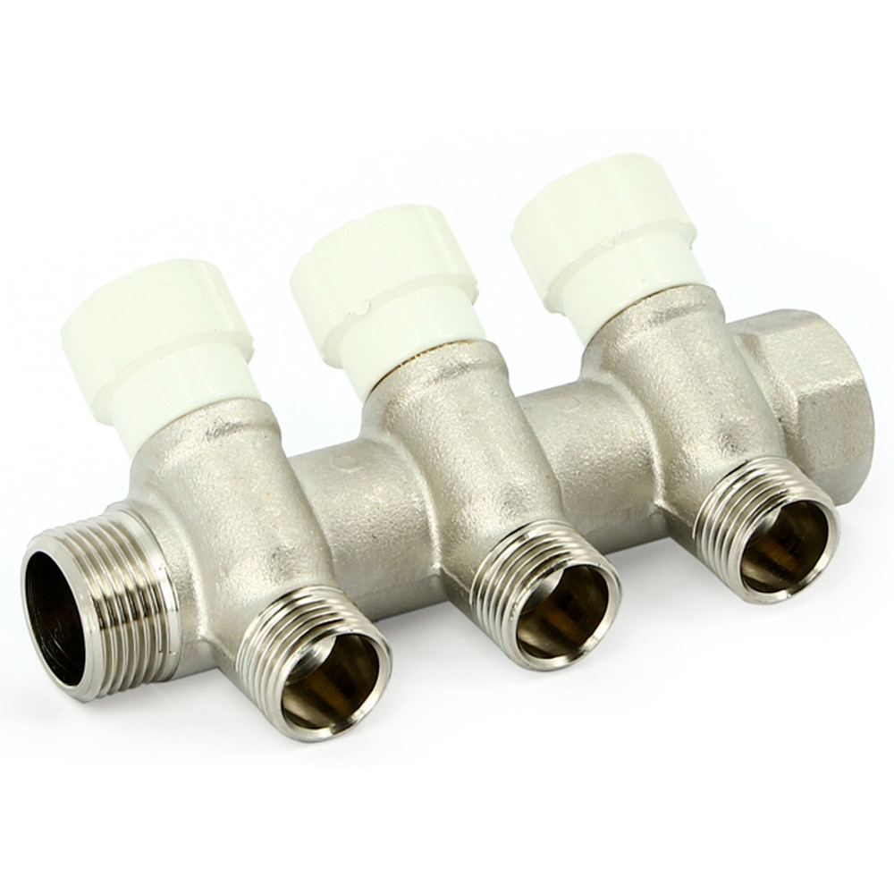 Коллектор Uni-Fitt НВ 3/4″х3 вых 1/2″ 40 мм с вентилями, никелированный