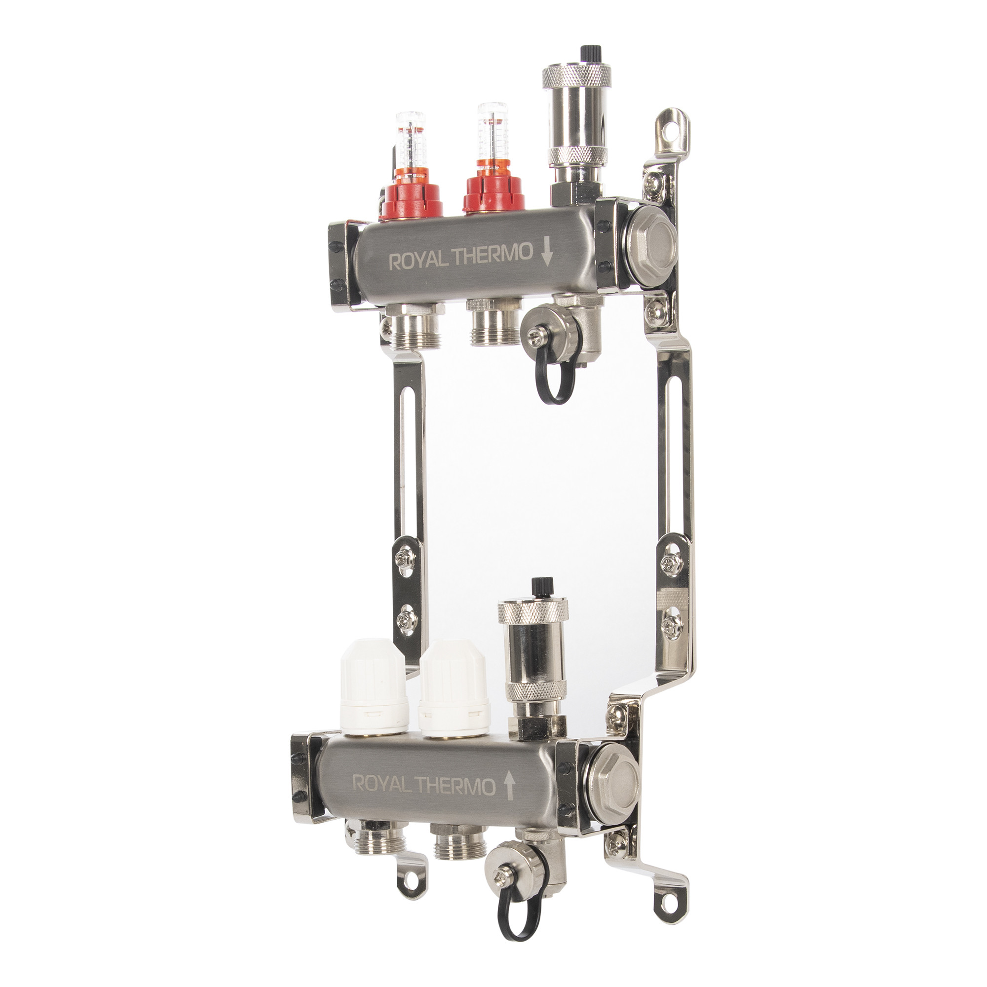 Коллектор Royal Thermo нерж. в сборе с расходомерами 1″ ВР-3/4″ НР с автомат. воздухоотвод-ми 2 вых.