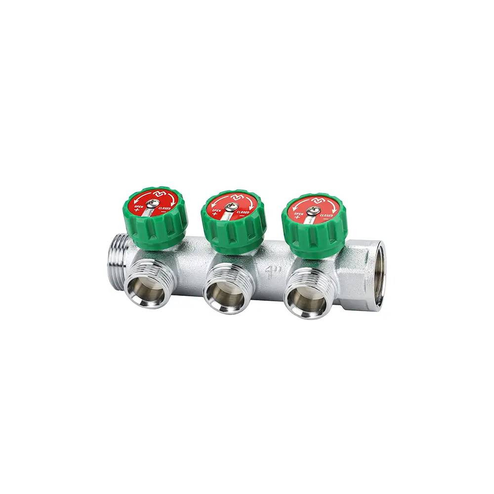 Коллектор распределительный с рег. вентилем латунный VARMEGA 1″, 3 х 3/4″ЕК, хром., VMMM01-C06153